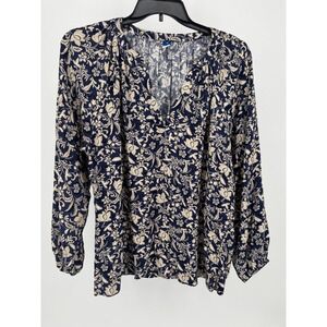 Old Navy Peasant Floral Print Blouse Top Womens XL‎ Extra Large Navy Blue Beige